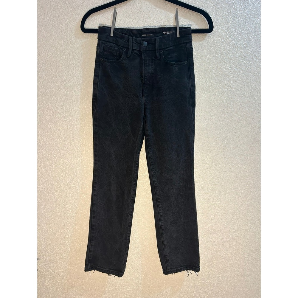 Good American Good Petite Straight Mid-Rise Jeans Black Wash Size 0/25